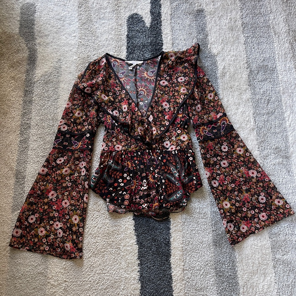 BCBG Black Floral Print Long Bell Sleeve Blouse